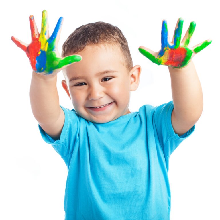 Child with painted hands on a white background